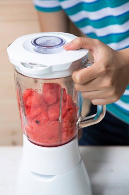 Karpuz küp şeklinde kesilmiş yiyecek karıştırıcısı meyve suyu yapmak için hazır.