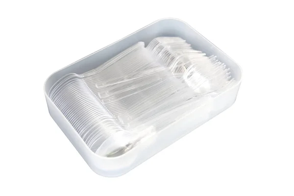 Eliminación Limpia Cucharas Tenedores Plástico Contenedor Aislado Sobre Fondo — Foto de Stock