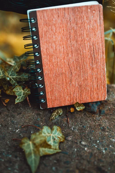 Working in nature:Notebook on the stone background