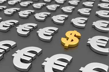 Altın dolar işareti gümüş euro işaretleri ortasında. 3D render.