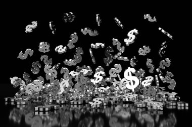 Siyah arka plan üzerinde gümüş dolar işareti. 3D render.