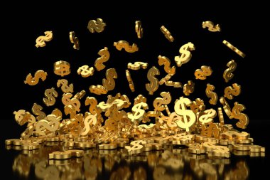 Siyah zemin üzerine altın dolar işareti. 3D render.