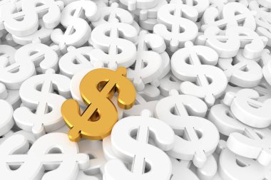 Altın dolar işareti beyaz dolar işareti ortasında. 3D render.