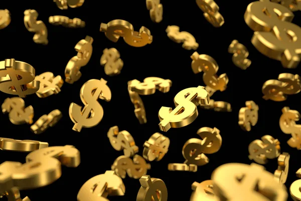 Siyah zemin üzerine altın dolar işareti. 3D render.