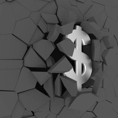 Dolar işareti duvar çöktü. 3D render.