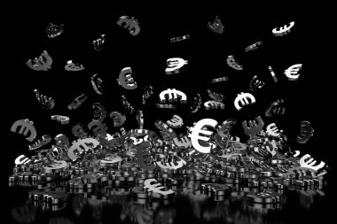 Siyah arka plan üzerine gümüş euro simgesi. 3D render.