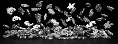 Web sitesi afişi için para birimi işaretleri. 3d redering.