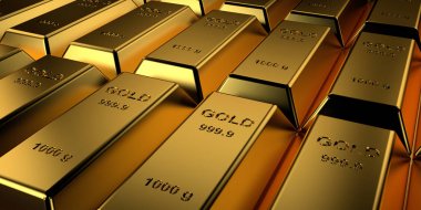 Altın külçeler yığılmış. 3d render.