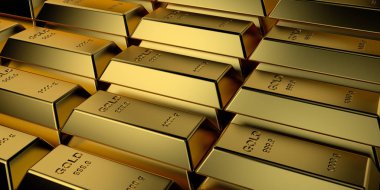 Altın külçeler yığılmış. 3d render.