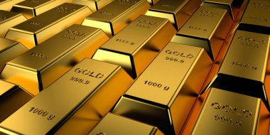 Altın külçeler yığılmış. 3d render.