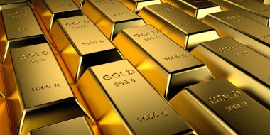 Altın külçeler yığılmış. 3d render.