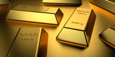 Altın külçeler yığılmış. 3d render.