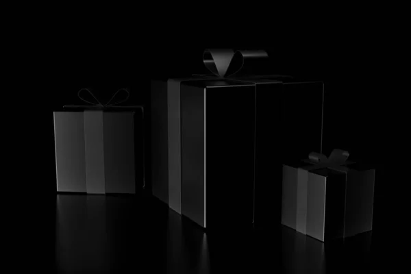 Karanlıkta hediye kutusunun ışığı ve gölgesi. 3B işleme.