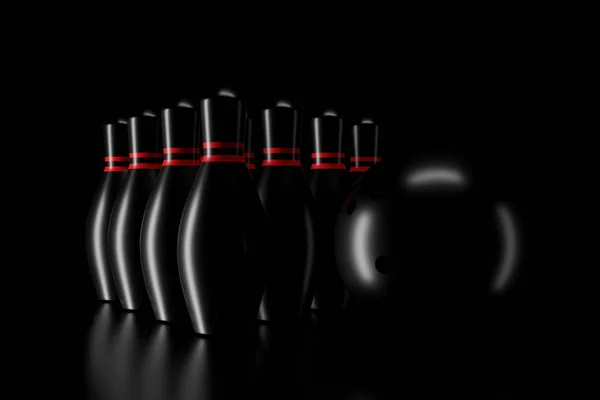 Light and shadow of bowling pins in the darkness. 3D rendering.