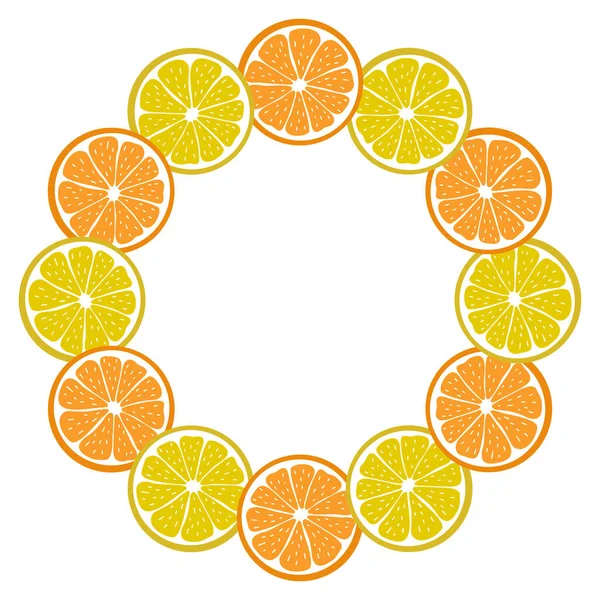 Rond frame met gesneden stukjes citrusvruchten op witte achtergrond. Heldere krans van gesneden sinaasappel en citroen. Decoratie voor tekst. Vector illustratie. Geweldig voor ontwerpen van banners, menu 's, verpakkingen. — Stockvector