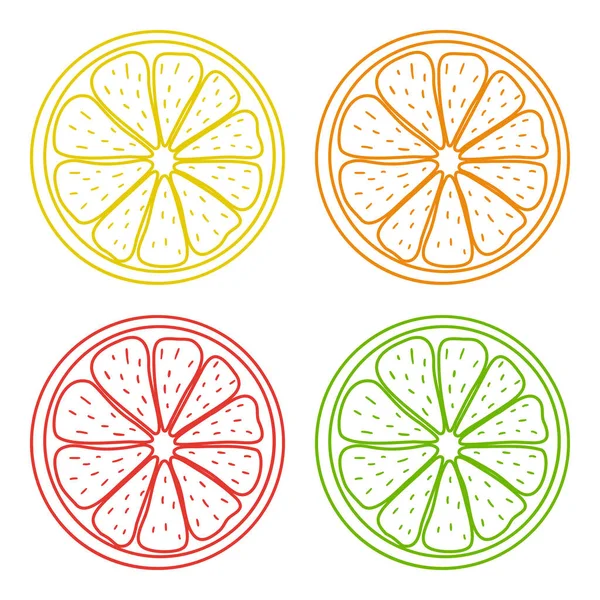 Sappige citrus iconen. Citroen, sinaasappel, grapefruit, limoen. Voorraadvectorillustratie. Eenvoudige stijl. Geïsoleerde elementen op witte achtergrond. Voor creatieve ontwerpen, logo 's, stickers, menu' s, prints, enz.. — Stockvector