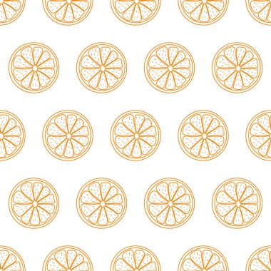Dilimlenmiş narenciye parçalarıyla kusursuz desen. Tropikal portakalın basit arkaplanı. Stock vektör illüstrasyonu. Geçmiş, kart, baskı, paketleme ve tekstil gibi modern yaratıcı tasarımlar için fikirler