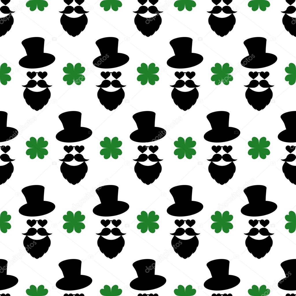 Seamless pattern with a stylish print. Man head. Hat, beard, mustache, clover leaves for luck. Black and green isolated elements on white background. For modern design, greeting, card, print, textiles