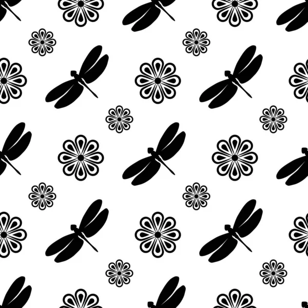 Padrão sem costura com flores abstratas e libélulas. Objetos pretos em um fundo branco. Ilustração vetorial. Ótimo para o design criativo de fundos, cartões, impressões, têxteis, tecido, embalagem — Vetor de Stock