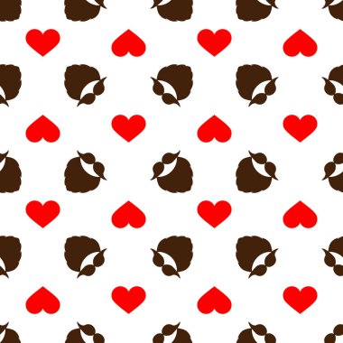 Bıyıklı, sakallı ve kalbi olan kusursuz bir vektör şekli. Beyaz arka planda kahverengi ve kırmızı elementler. Tasarımlar için modern illüstrasyon arkaplan, posterler, kartlar, paketleme, baskı, tekstil, ambalaj.