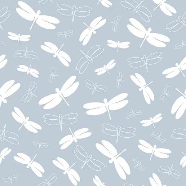 Uçan yusufçuklarla kusursuz bir desen. Beyaz elementler ve çizgiler gri arka plandaki böcekler. Vektör çizimi. Tasarımlar için harika arka planlar, kartlar, tekstil, paketleme, kumaş, ambalaj. — Stok Vektör