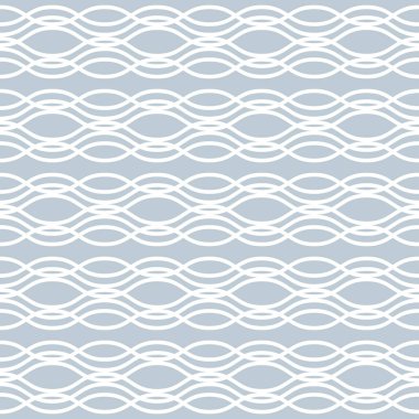 Vektör kusursuz desen. Açık gri arka planda beyaz yatay dalgalı çizgiler iç içe geçmiş. Tatil arkaplanı, tebrik kartı tasarımı, tekstil, ambalaj, duvar kağıdı, baskı vs. için harika bir resim