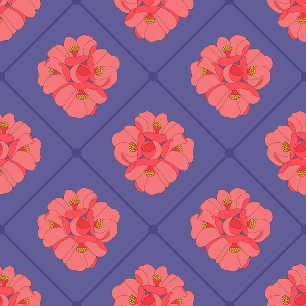 開花する花とかわいいシームレスなパターン。花のベクターイラスト。紫色の背景に赤とピンクの要素。背景、カード、テキスタイル、パッケージ、ファブリックのデザインのための創造的なアイデア. — ストックベクタ