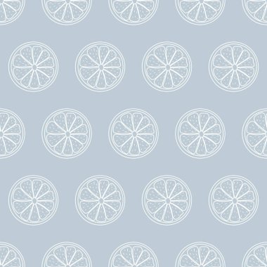 Dilimlenmiş narenciye parçalarıyla kusursuz desen. Gri ve beyaz stil arkaplan. Vektör çizimi. Geçmiş, baskı, paketleme, tekstil ve menülerin modern yaratıcı tasarımları için fikirler.