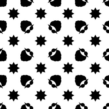 Kusursuz vektör deseni. Bıyık, sakal ve dekoratif yıldızlar. Beyaz arka planda siyah elementler. Modern tasarımlar için resim arkaplan, poster, kart, paketleme, baskı, tekstil, ambalaj.