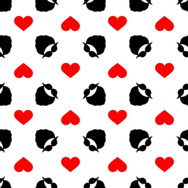 Bıyıklı, sakallı ve dekoratif kalpli kusursuz vektör deseni. Beyaz arka planda siyah, kırmızı elementler. Tasarımlar için resimler, posterler, kartlar, paketleme, baskı, tekstil, ambalaj.
