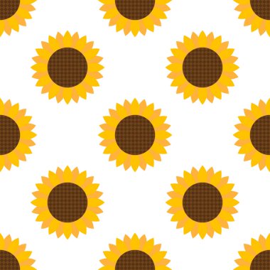 Ayçiçekleri. Soyut, pürüzsüz desen. Modern düz stil. Beyaz arka planda renkli elementler. Dekorasyon arkaplanları, afişler, ambalajlar, tekstil, kağıt, duvar kağıtları, kumaşlar, yaratıcı tasarımlar için.