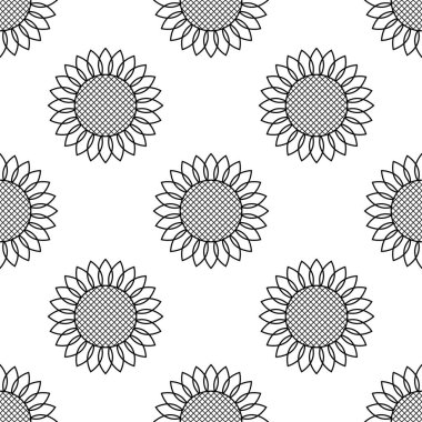 Ayçiçekleri. Vektör kusursuz desen. Basit modern tarz. Beyaz arka planda siyah elementler. Arkaplan dekorasyonu, afişler, ambalajlar, tekstil, kağıt, kumaş ve daha fazla yaratıcı tasarım için.