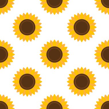 Ayçiçekleri kusursuz desen. Soyut modern düz stil. Beyaz arka planda renkli elementler. Dekorasyon arkaplanları, afişler, ambalajlar, tekstil, kağıt, duvar kağıtları, kumaşlar, yaratıcı tasarımlar için.