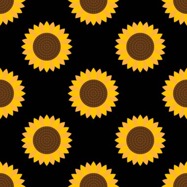 Ayçiçekleri kusursuz desen. Renkli, modern düz stil. Siyah arkaplandaki soyut elementler. Dekorasyon arkaplanları, afişler, ambalajlar, tekstil, kağıt, duvar kağıtları, kumaşlar, yaratıcı tasarımlar için.