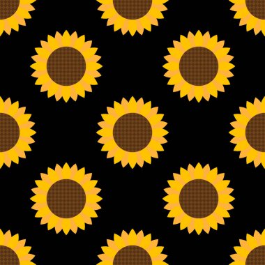 Ayçiçekleri. Soyut, pürüzsüz desen. Modern düz stil. Siyah arka planda renkli elementler. Dekorasyon arkaplanları, afişler, ambalajlar, tekstil, kağıt, duvar kağıtları, kumaşlar, yaratıcı tasarımlar için.