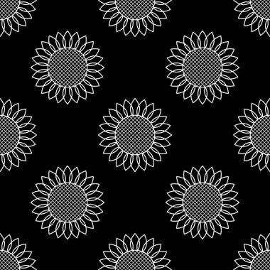 Ayçiçekleri. Vektör kusursuz desen. Basit modern tarz. Siyah arka planda beyaz elementler. Arkaplan dekorasyonu, afişler, ambalajlar, tekstil, kağıt, kumaş ve daha fazla yaratıcı tasarım için.