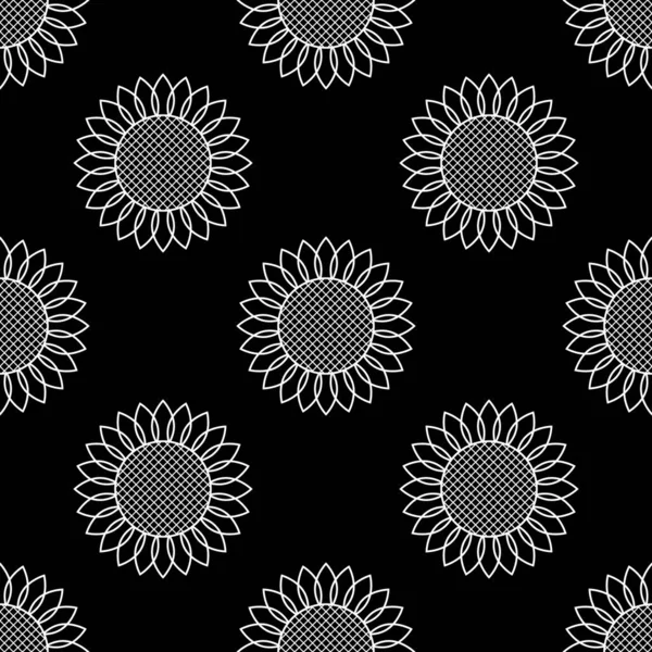 Sonnenblumen. Vektor nahtlose Muster. Schlichter moderner Stil. Weiße Elemente auf schwarzem Hintergrund. Für Kulissen, Banner, Verpackungen, Textilien, Papier, Stoffe und weitere kreative Designs. Stockvektor