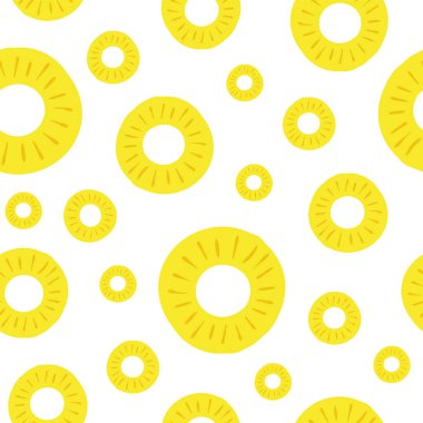 Ananaslı, pürüzsüz desen. Vektör çizimi. Renkli beyaz arka planda ananas kesiyor. Dekorasyon arkaplanları, afişler, ambalajlar, tekstil, kağıt, duvar kağıtları, kumaşlar, yaratıcı tasarımlar, vs.