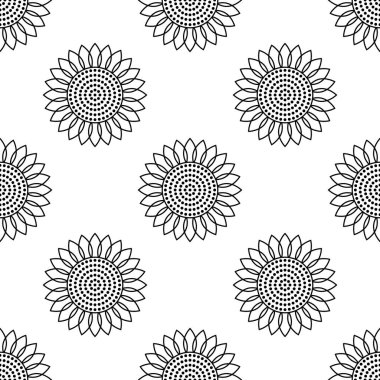 Ayçiçekleri. Vektör kusursuz desen. Basit düz stil. Beyaz arka planda soyut siyah unsurlar. Arkaplan dekorasyonu, afişler, ambalajlar, tekstil, kağıt, kumaş ve daha fazla yaratıcı tasarım için