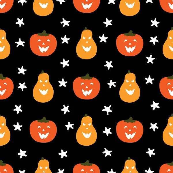 Fijne Halloween. Naadloos patroon met kleurrijke pompoenen en cartoon sterren op een zwarte achtergrond. Vector illustratie voor feestelijke achtergrond ontwerp, flyers, banners, prints, textiel, stoffen, etc. — Stockvector