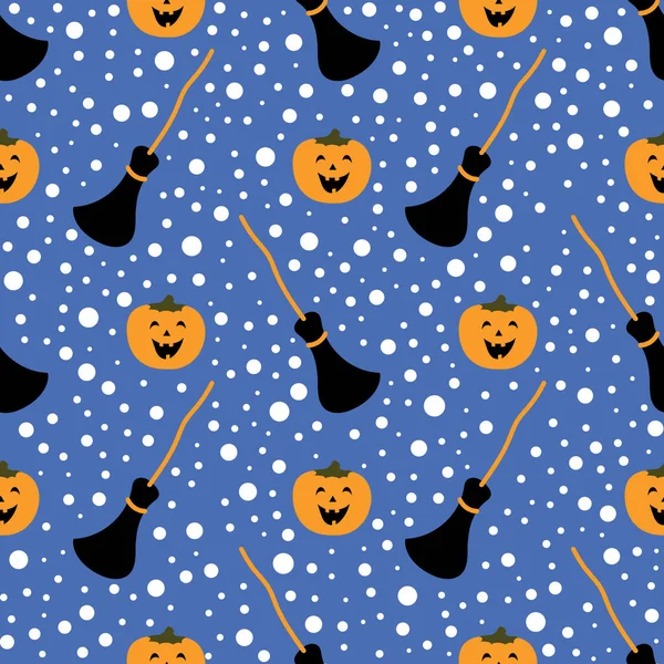 Бесшовный рисунок на Хэллоуин. Счастливые тыквы с метлами на синем фоне. Симпатичные векторные иллюстрации для праздничного фона, украшения, открытки, баннеры, обертки, гравюры, ткани, текстиль. — стоковый вектор