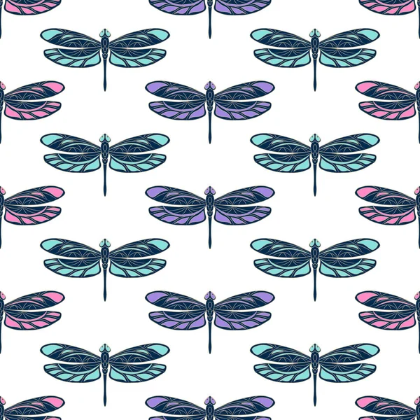 Naadloos patroon met opengewerkte libellen. Vector illustratie. Geïsoleerde kleurrijke elementen op een witte achtergrond. Creatief idee voor ontwerpen achtergrond, kaarten, textiel, prints, verpakkingen, wallpapers. — Stockvector