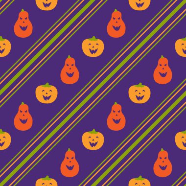 Cadılar Bayramı için kusursuz desen. Menekşe arkaplanda renkli çizgileri olan mutlu balkabakları. Tatil dekorasyonları, kartlar, afişler, ambalajlar, baskılar, kumaşlar, tekstil vs. için sevimli vektör çizimleri