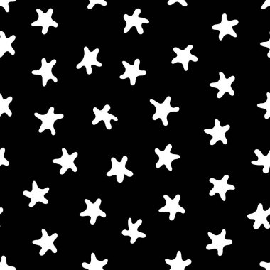 Yıldızlı şirin desen. Soyut vektör çizimi. Siyah arka planda dekoratif beyaz unsurlar. Arkaplan dekorasyonu, kartlar, duvar kağıdı, tekstil, kumaş, ambalaj, tasarıma eklemeler için.