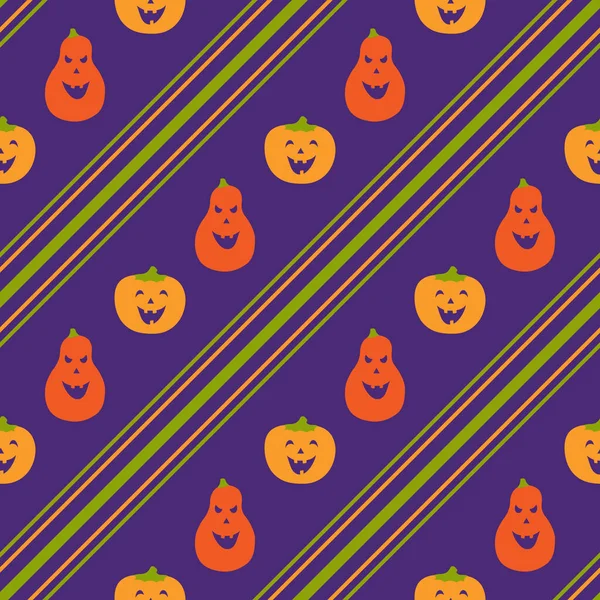 Naadloos patroon voor Halloween. Vrolijke pompoenen met gekleurde strepen op een violette achtergrond. Leuke vector illustraties voor vakantie decoraties, kaarten, spandoeken, verpakkingen, prints, stoffen, textiel, etc. — Stockvector