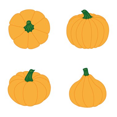 Balkabağı ikonu koleksiyonu. Beyaz arka planda izole edilmiş. Düz stil. Vektör çizimi. Ek bir tasarım için harika, pankartlar, kartlar, baskılar, tekstil, logo, etiketler ve yaratıcı fikirler.