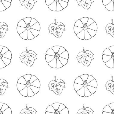 Kabak kabakları ve beyaz arka planda yaprakları olan kusursuz bir desen. Vektör çizimi. Modern arkaplan dekorasyonu, kartlar, afişler, tatil tasarımları, baskılar, ambalajlar, tekstil, kumaşlar, vs.