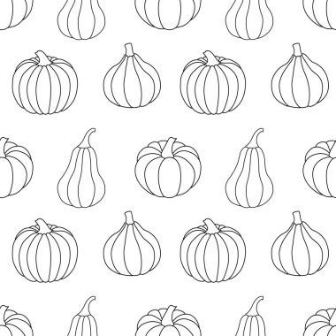 Beyaz arka planda siyah çizgili balkabağı desenli kusursuz desen. Vektör çizimi. Modern arkaplan dekorasyonu, kartlar, afişler, tatil tasarımları, baskılar, ambalajlar, tekstil, kumaşlar, vs..