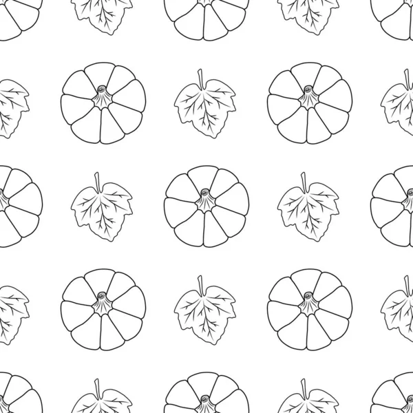 Kabak kabakları ve beyaz arka planda yaprakları olan kusursuz bir desen. Vektör çizimi. Modern arkaplan dekorasyonu, kartlar, afişler, tatil tasarımları, baskılar, ambalajlar, tekstil, kumaşlar, vs.