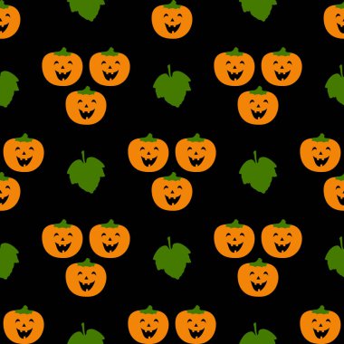 Siyah arka planda yaprakları olan mutlu balkabakları. Cadılar Bayramı için kusursuz desen. Tatil dekorasyonları, festival kartları, afişler, ambalajlar, baskılar, kumaşlar, tekstil vs. için sevimli vektör çizimleri.